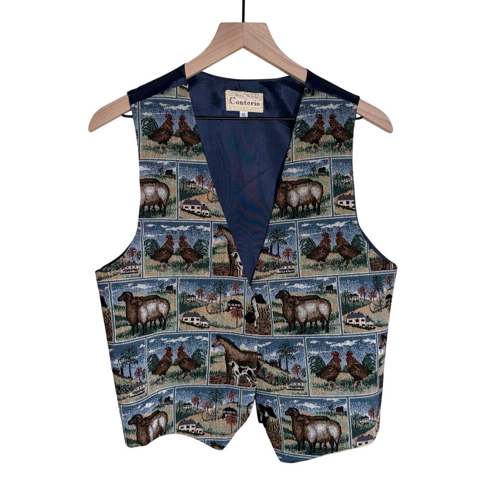 VINTAGE CONTERIO embroidered farm life rodeo wear single button western vest XL